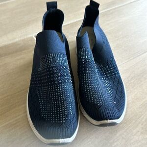 Blue slip on stretch cloth bling sneakers with white sole